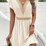 Modinzi Mini Dress Beige / 8 (S) Women’s Lace-Trim Mini Dress – V-Neck Short Sleeve A-Line Summer Dress