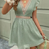 Modinzi Mini Dress Green / 8 (S) Women’s Lace-Trim Mini Dress – V-Neck Short Sleeve A-Line Summer Dress