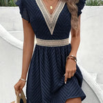 Modinzi Mini Dress Navy / 8 (S) Women’s Lace-Trim Mini Dress – V-Neck Short Sleeve A-Line Summer Dress