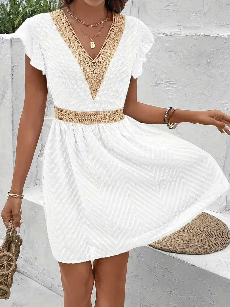 Modinzi Mini Dress White / 8 (S) Women’s Lace-Trim Mini Dress – V-Neck Short Sleeve A-Line Summer Dress