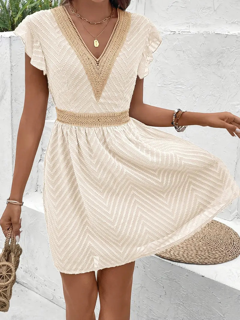 Modinzi Mini Dress Women’s Lace-Trim Mini Dress – V-Neck Short Sleeve A-Line Summer Dress