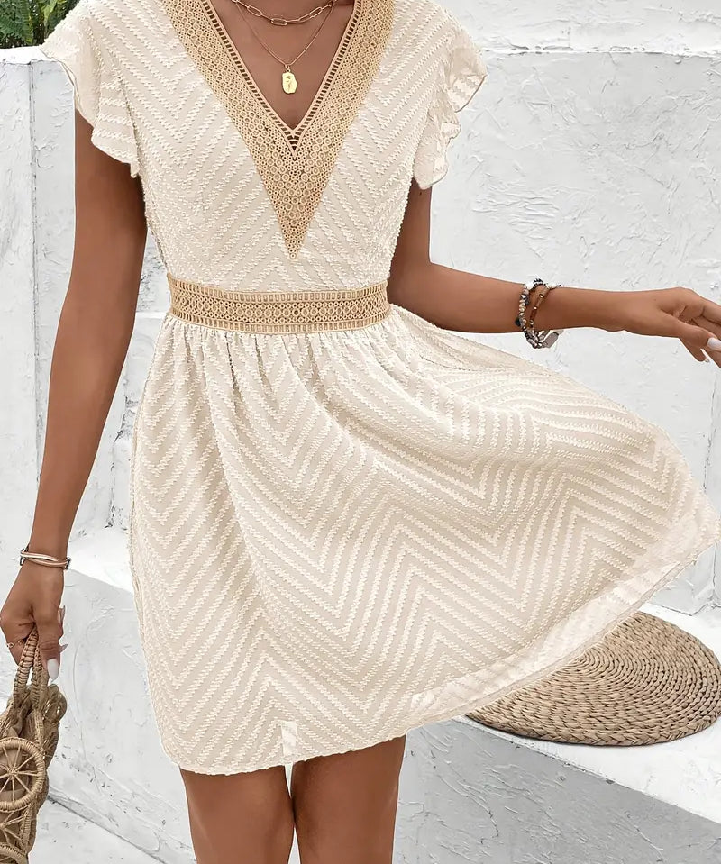 Modinzi Mini Dress Women’s Lace-Trim Mini Dress – V-Neck Short Sleeve A-Line Summer Dress