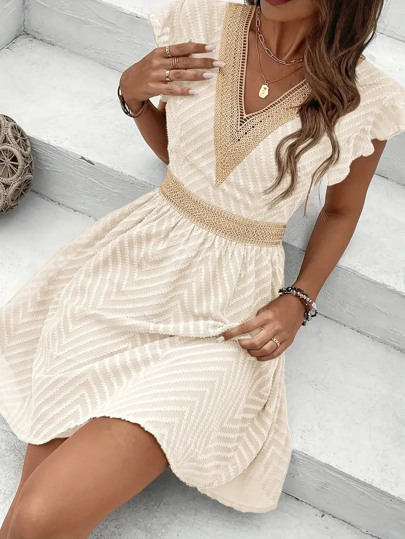 Modinzi Mini Dress Women’s Lace-Trim Mini Dress – V-Neck Short Sleeve A-Line Summer Dress