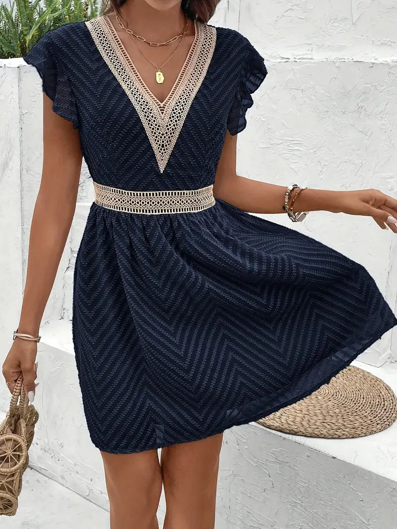 Modinzi Mini Dress Women’s Lace-Trim Mini Dress – V-Neck Short Sleeve A-Line Summer Dress