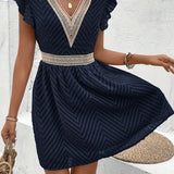 Modinzi Mini Dress Women’s Lace-Trim Mini Dress – V-Neck Short Sleeve A-Line Summer Dress