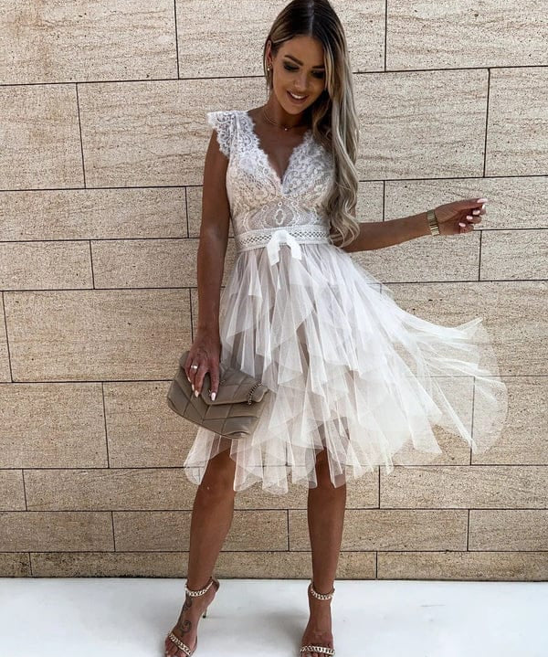 Modinzi Mini Dress white / 8 (S) Women’s Lace Tulle Cocktail Dress – V Neck Tiered Ruffle Party Dress