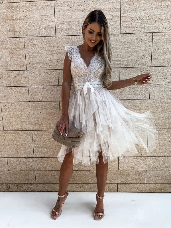 Modinzi Mini Dress white / 8 (S) Women’s Lace Tulle Cocktail Dress – V Neck Tiered Ruffle Party Dress