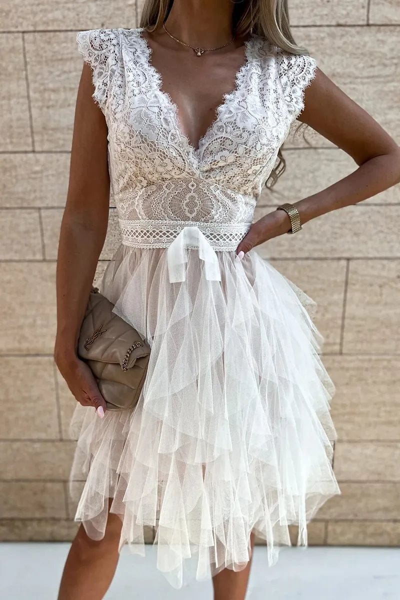 Modinzi Mini Dress Women’s Lace Tulle Cocktail Dress – V Neck Tiered Ruffle Party Dress