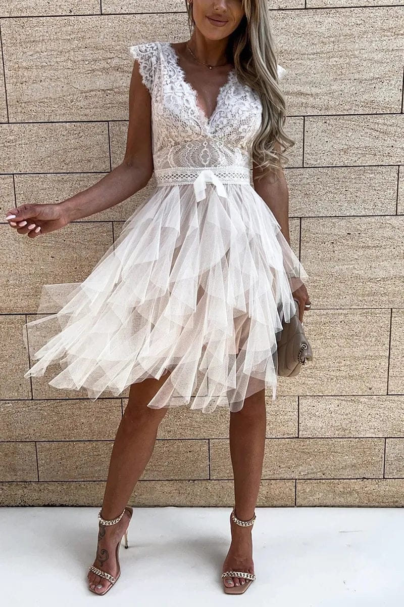 Modinzi Mini Dress Women’s Lace Tulle Cocktail Dress – V Neck Tiered Ruffle Party Dress