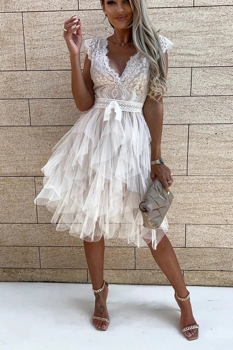 Modinzi Mini Dress Women’s Lace Tulle Cocktail Dress – V Neck Tiered Ruffle Party Dress