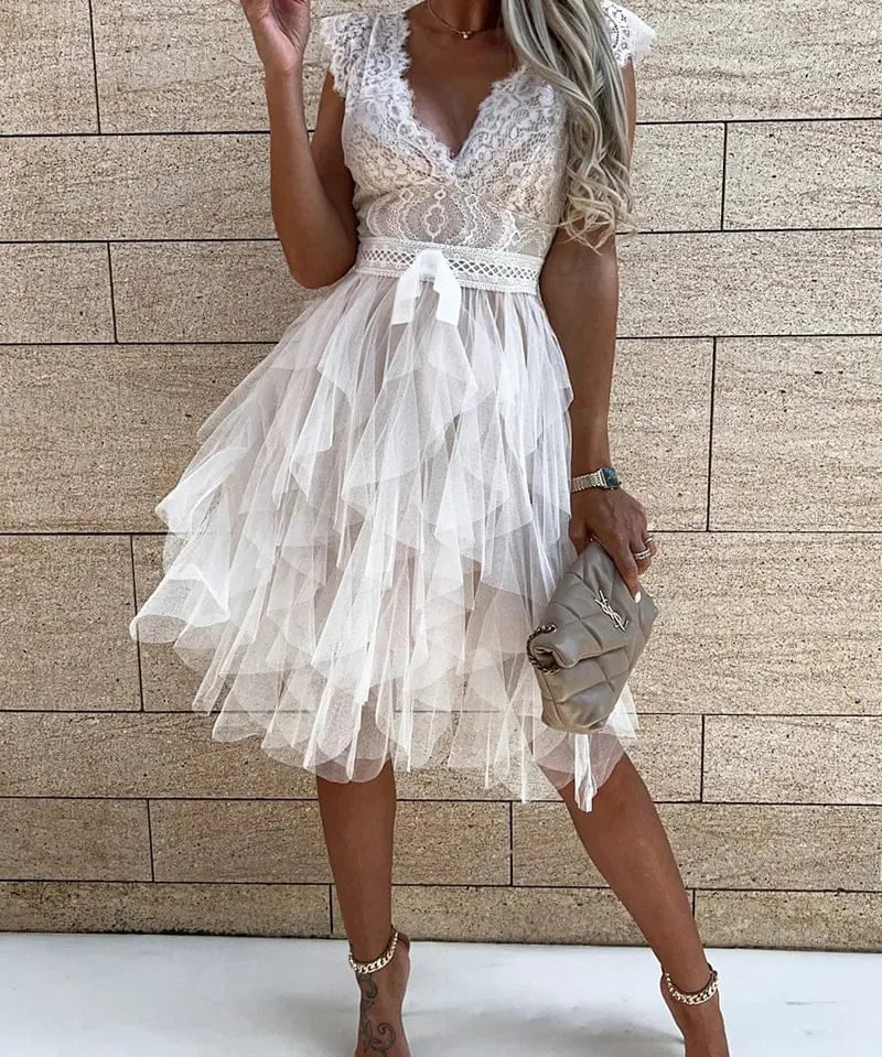 Modinzi Mini Dress Women’s Lace Tulle Cocktail Dress – V Neck Tiered Ruffle Party Dress
