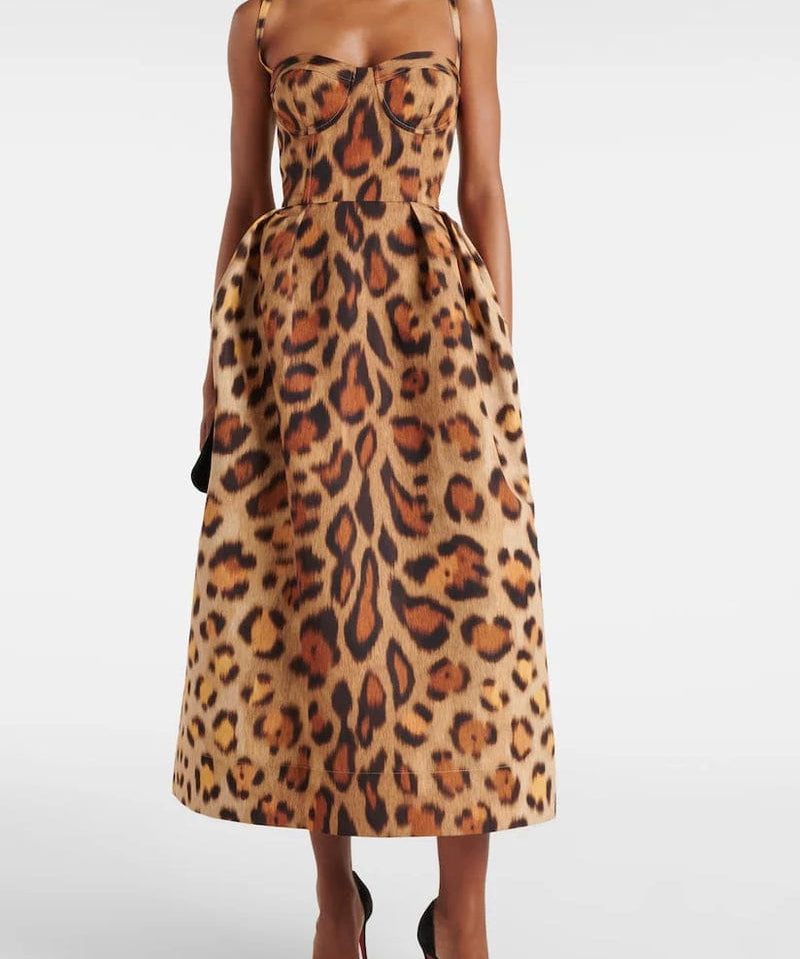 Modinzi Midi dress Animal / 8 (S) Women’s Leopard Print Corset Midi Dress – Spaghetti Strap Fit & Flare