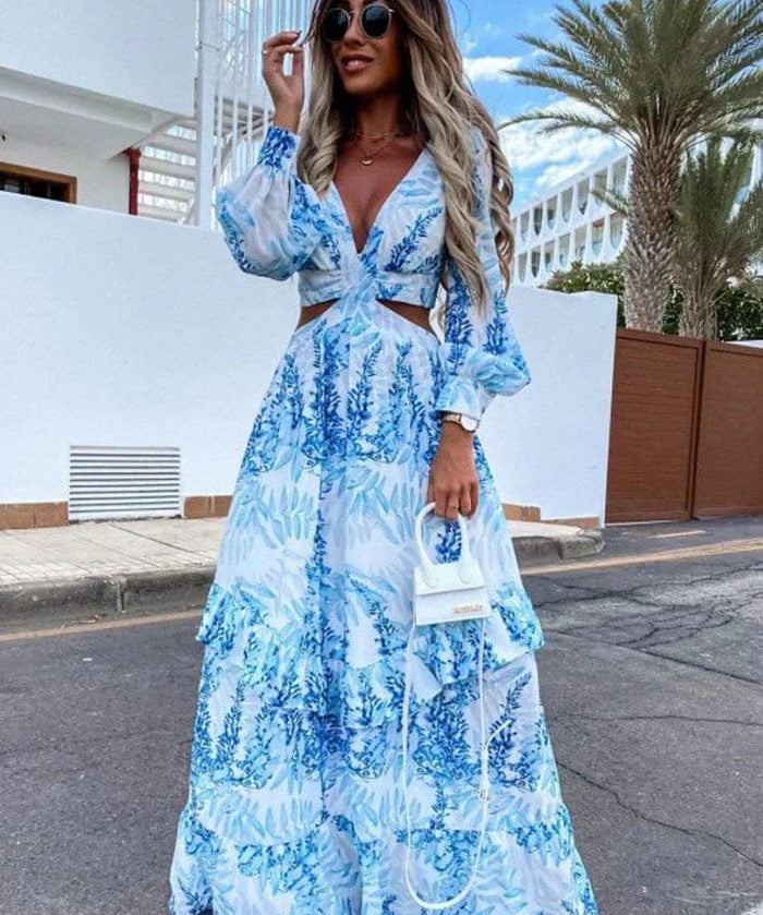 Modinzi Maxi dress light blue / 8 (S) Women’s Long Sleeve Maxi Dress – Boho Cut-Out V-Neck Tiered Gown