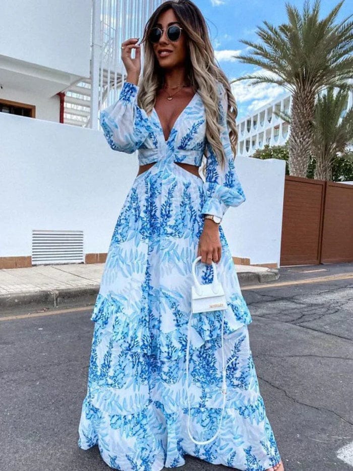 Modinzi Maxi dress light blue / 8 (S) Women’s Long Sleeve Maxi Dress – Boho Cut-Out V-Neck Tiered Gown