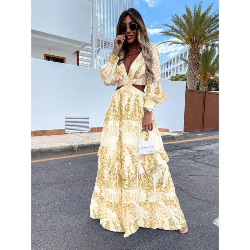Modinzi Maxi dress Yellow / 8 (S) Women’s Long Sleeve Maxi Dress – Boho Cut-Out V-Neck Tiered Gown