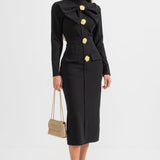 Modinzi Midi dress black / 8 (S) Women’s Long Sleeve Midi Dress – Gold Button Detail with Statement Bow