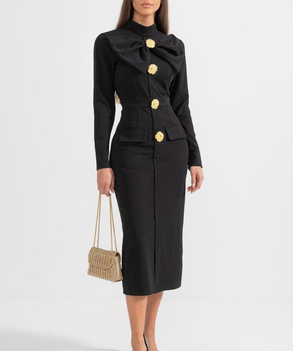 Modinzi Midi dress black / 8 (S) Women’s Long Sleeve Midi Dress – Gold Button Detail with Statement Bow