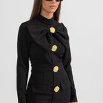 Modinzi Midi dress Women’s Long Sleeve Midi Dress – Gold Button Detail with Statement Bow