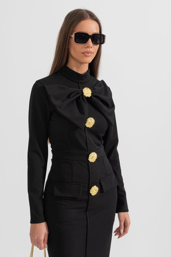 Modinzi Midi dress Women’s Long Sleeve Midi Dress – Gold Button Detail with Statement Bow