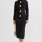 Modinzi Midi dress Women’s Long Sleeve Midi Dress – Gold Button Detail with Statement Bow