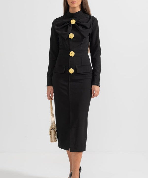 Modinzi Midi dress Women’s Long Sleeve Midi Dress – Gold Button Detail with Statement Bow