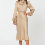 Modinzi Midi dress Beige / 8 (S) Women’s Long Sleeve Satin Midi Dress – High Neck Elegant Evening Dress