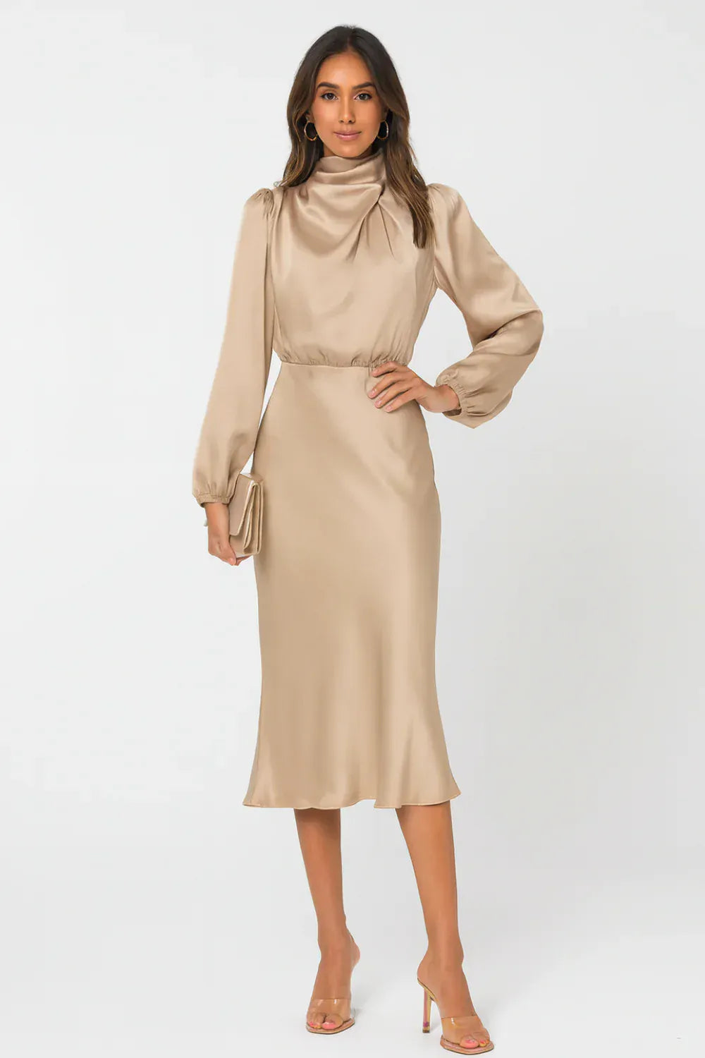 Modinzi Midi dress Beige / 8 (S) Women’s Long Sleeve Satin Midi Dress – High Neck Elegant Evening Dress