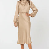 Modinzi Midi dress Beige / 8 (S) Women’s Long Sleeve Satin Midi Dress – High Neck Elegant Evening Dress