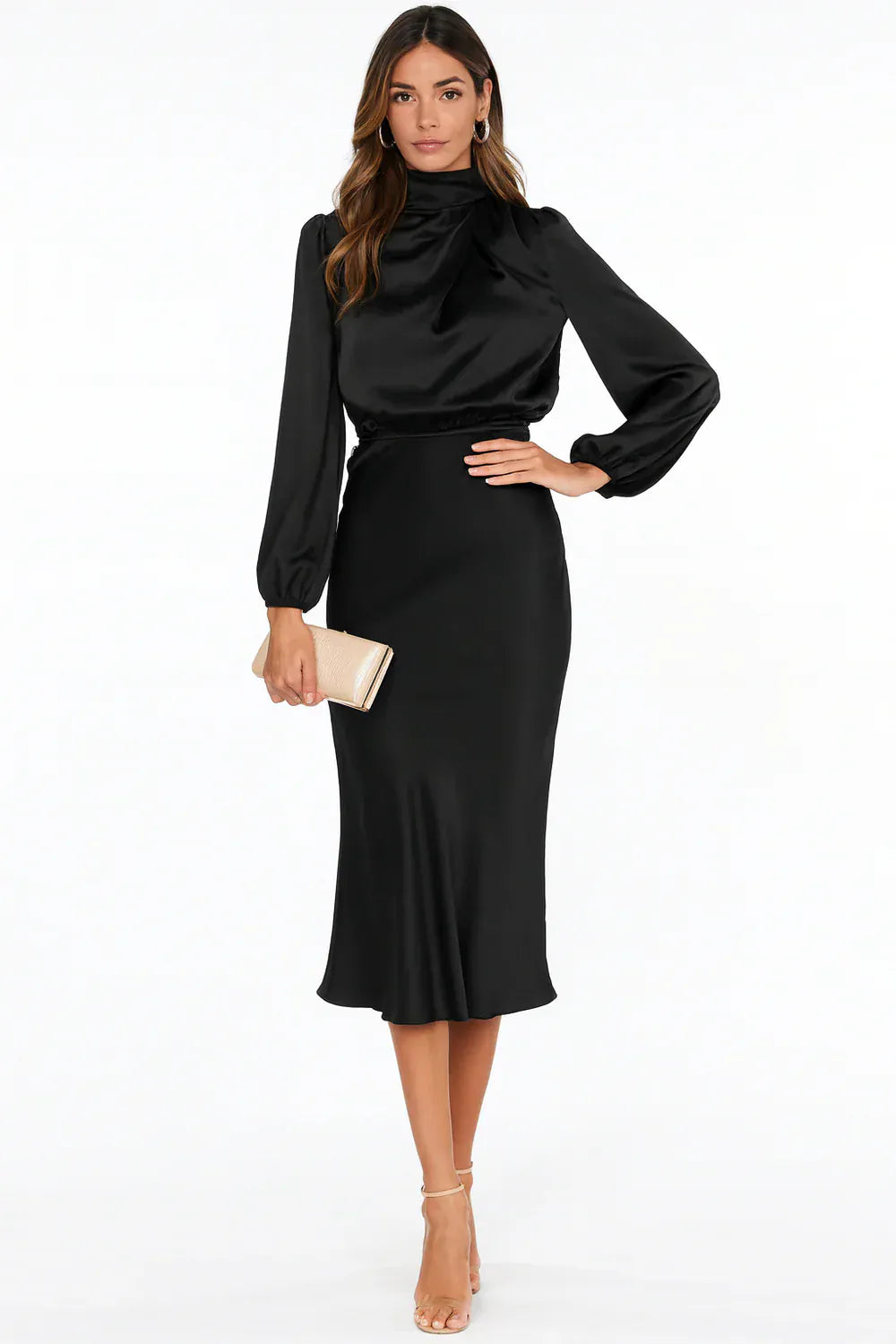 Modinzi Midi dress black / 8 (S) Women’s Long Sleeve Satin Midi Dress – High Neck Elegant Evening Dress