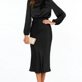 Modinzi Midi dress black / 8 (S) Women’s Long Sleeve Satin Midi Dress – High Neck Elegant Evening Dress