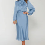 Modinzi Midi dress Blue / 8 (S) Women’s Long Sleeve Satin Midi Dress – High Neck Elegant Evening Dress