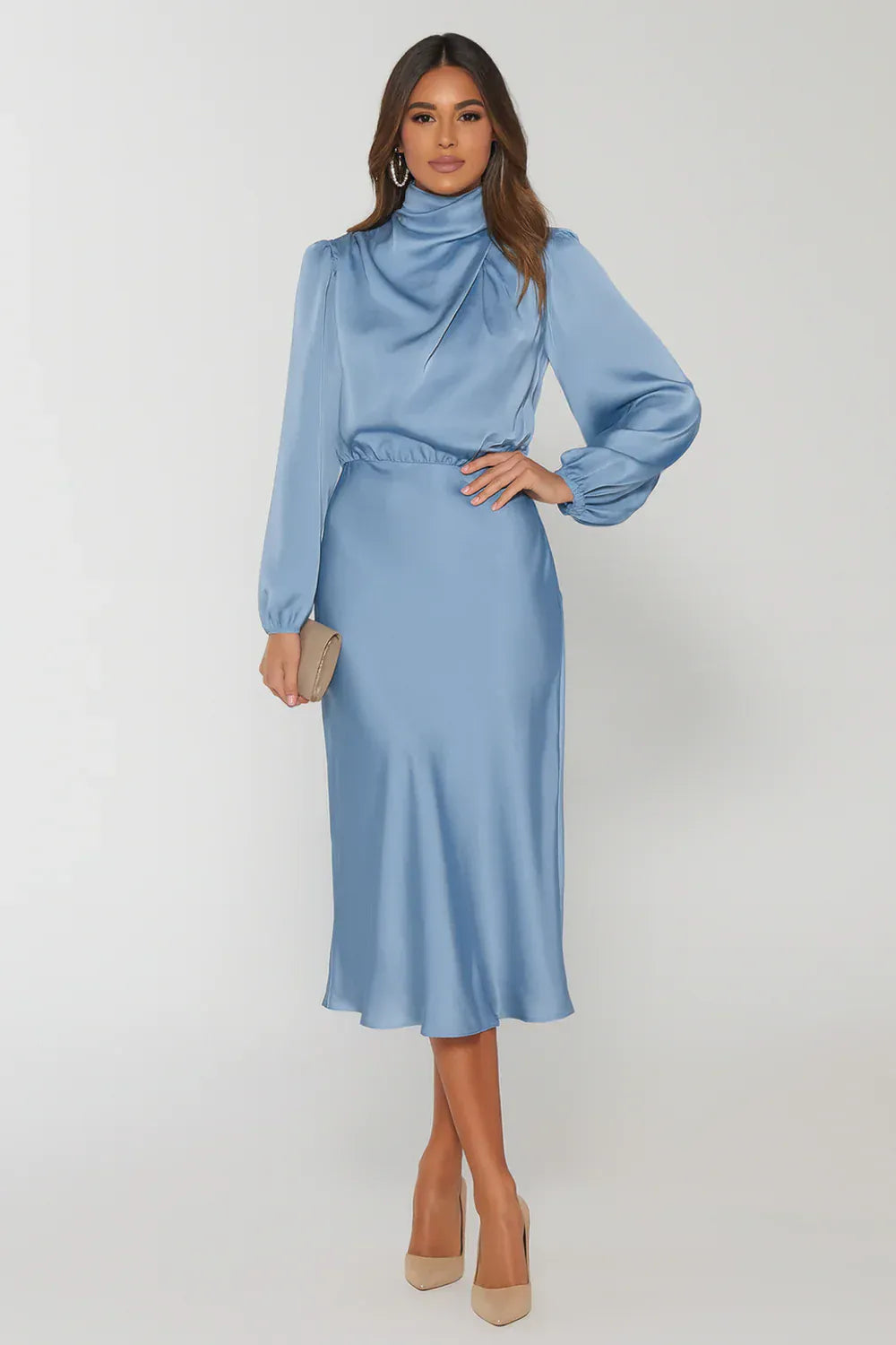 Modinzi Midi dress Blue / 8 (S) Women’s Long Sleeve Satin Midi Dress – High Neck Elegant Evening Dress