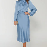 Modinzi Midi dress Blue / 8 (S) Women’s Long Sleeve Satin Midi Dress – High Neck Elegant Evening Dress