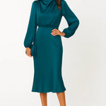 Modinzi Midi dress Dark Blue / 8 (S) Women’s Long Sleeve Satin Midi Dress – High Neck Elegant Evening Dress