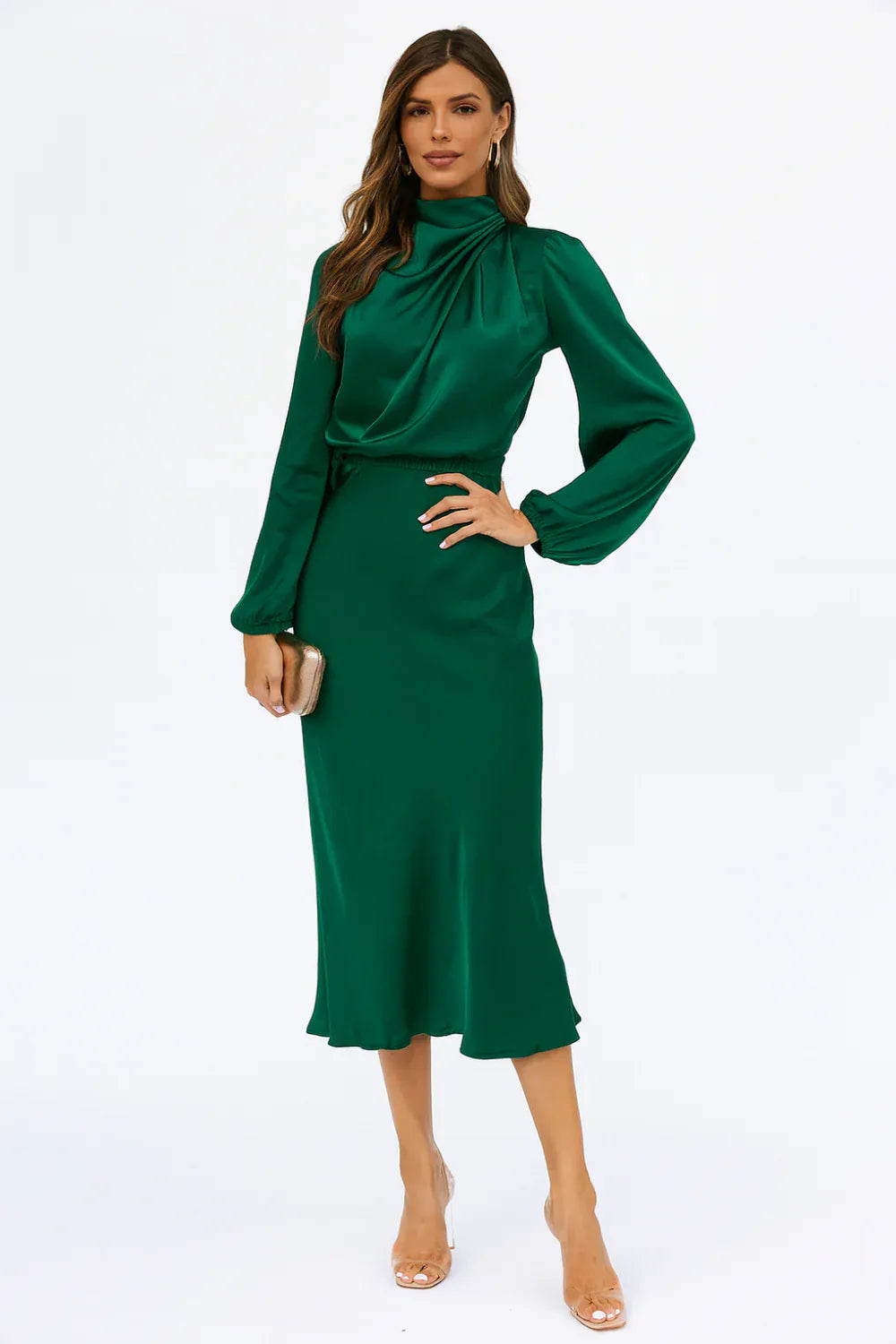Modinzi Midi dress Green / 8 (S) Women’s Long Sleeve Satin Midi Dress – High Neck Elegant Evening Dress