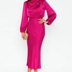 Modinzi Midi dress Pink / 8 (S) Women’s Long Sleeve Satin Midi Dress – High Neck Elegant Evening Dress
