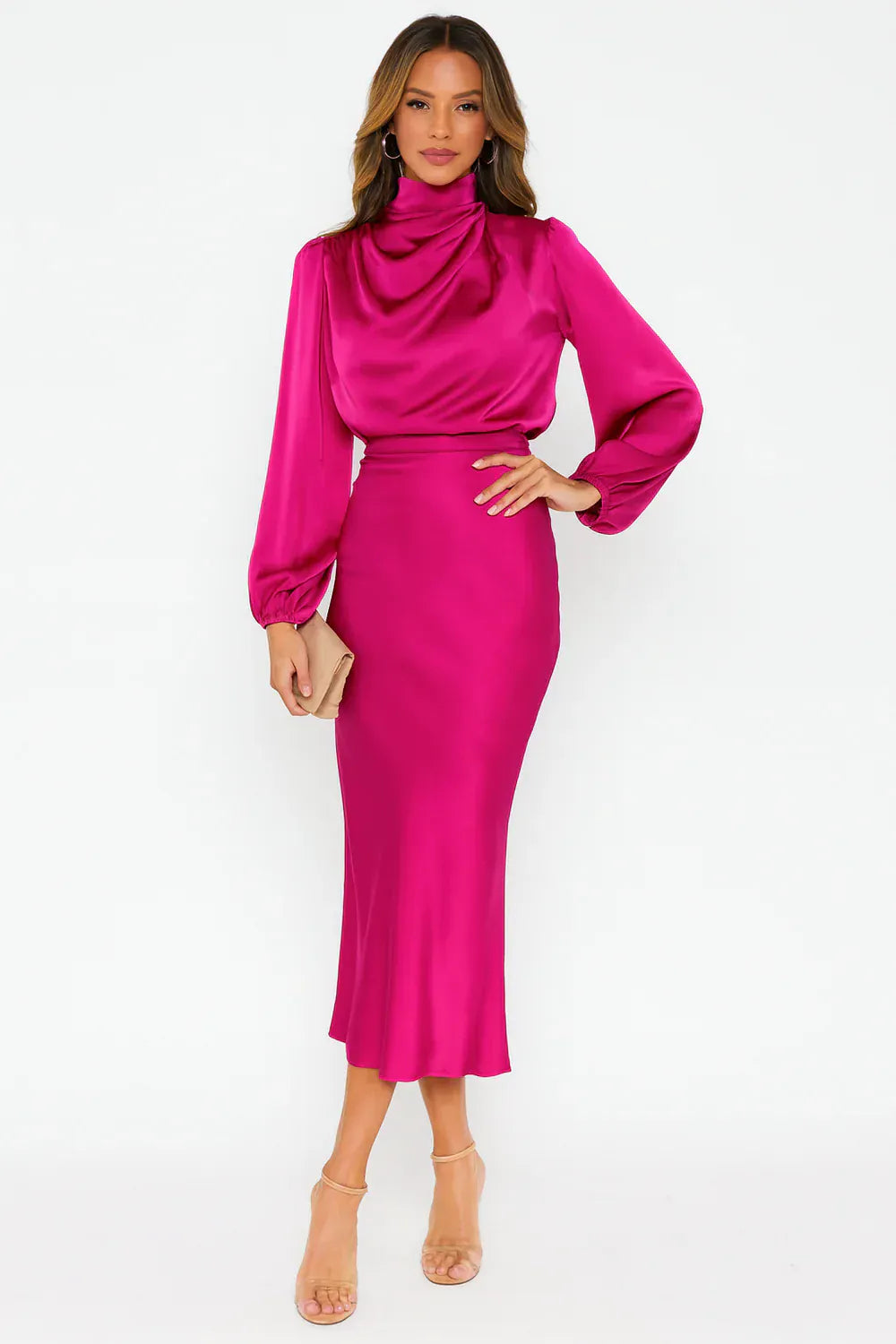 Modinzi Midi dress Pink / 8 (S) Women’s Long Sleeve Satin Midi Dress – High Neck Elegant Evening Dress