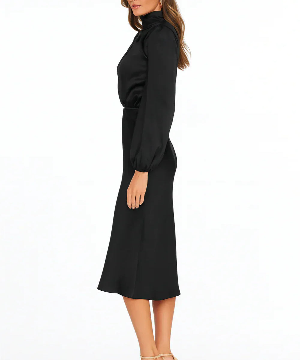 Modinzi Midi dress Women’s Long Sleeve Satin Midi Dress – High Neck Elegant Evening Dress