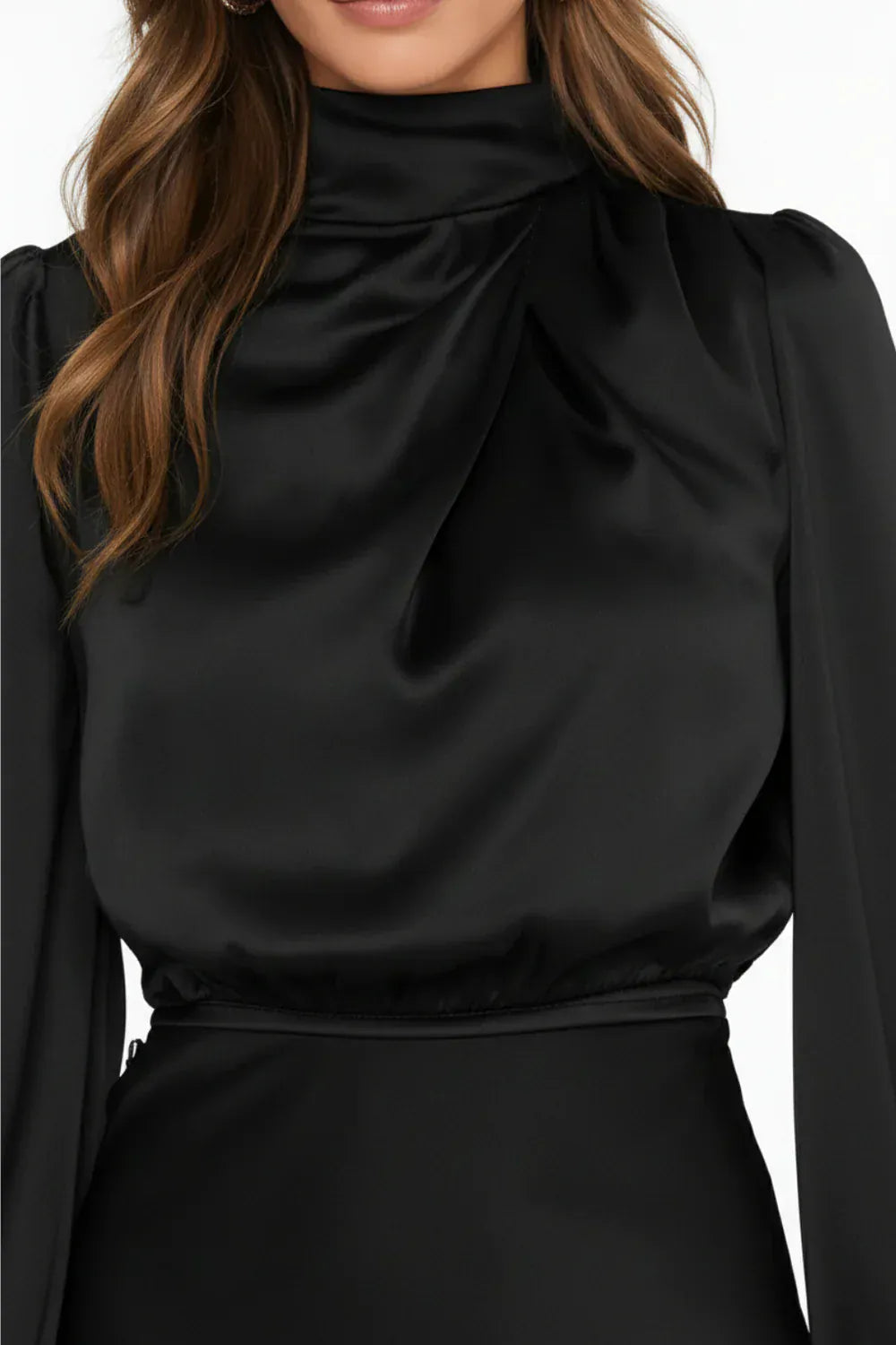 Modinzi Midi dress Women’s Long Sleeve Satin Midi Dress – High Neck Elegant Evening Dress