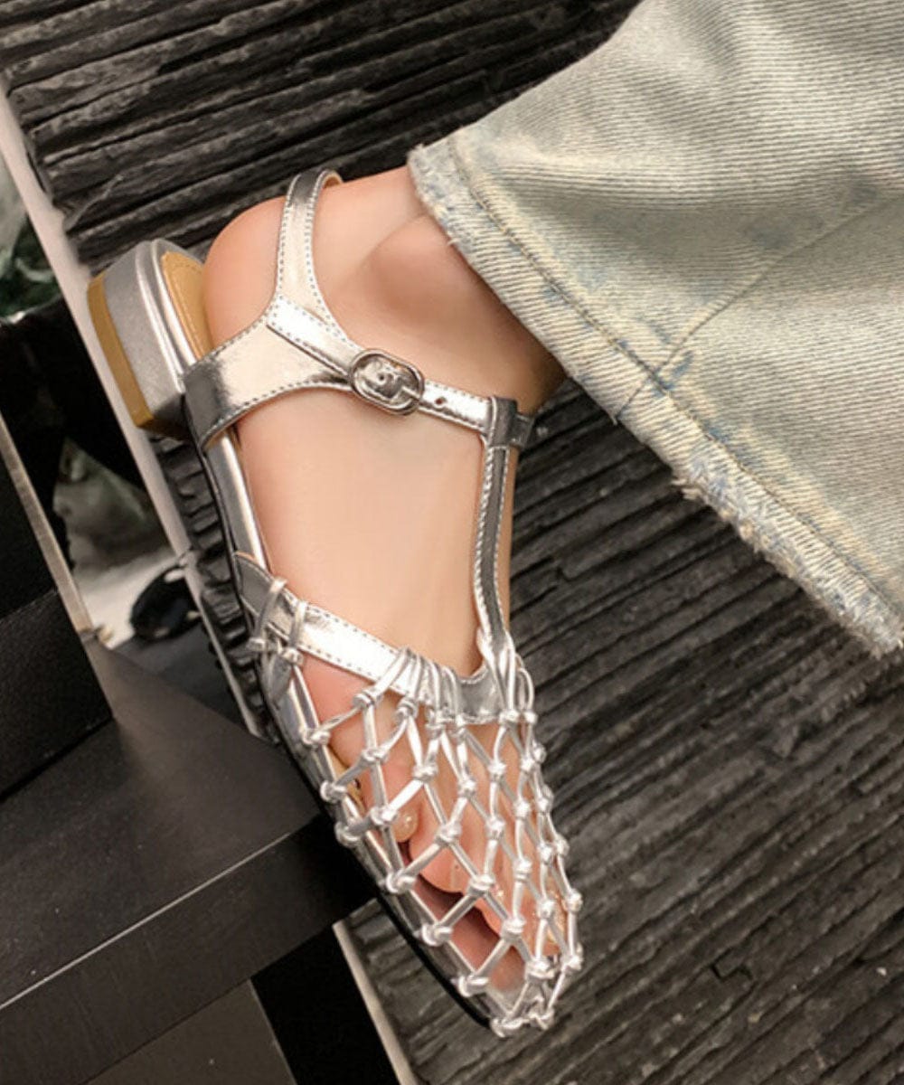 Modinzi Sandals Silver / 4 Women’s Mesh T-Strap Flat Sandals – Hollow Out Buckle Design