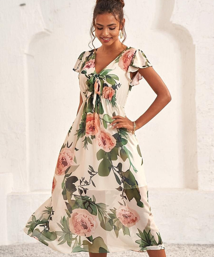 Modinzi Midi dress Green / 8 (S) Women’s Midi Dress – Flutter Sleeve V-Neck with Floral Print