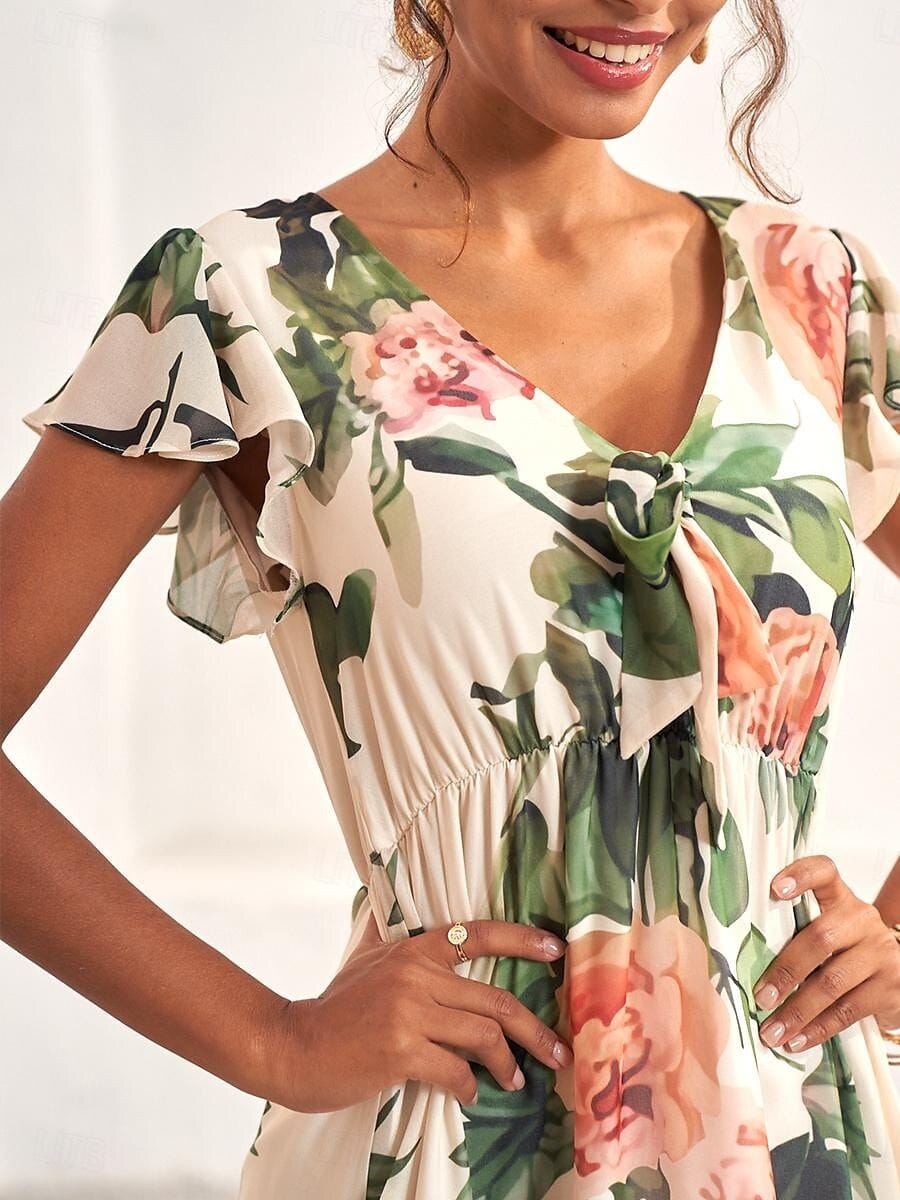 Modinzi Midi dress Women’s Midi Dress – Flutter Sleeve V-Neck with Floral Print