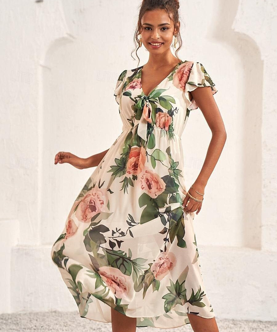 Modinzi Midi dress Women’s Midi Dress – Flutter Sleeve V-Neck with Floral Print