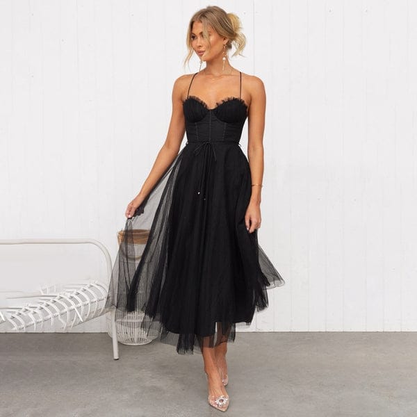 Modinzi Midi dress black / 8 (S) Women’s Midi Tulle Dress – Corset Bodice with Spaghetti Straps