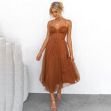 Modinzi Midi dress Brown / 8 (S) Women’s Midi Tulle Dress – Corset Bodice with Spaghetti Straps