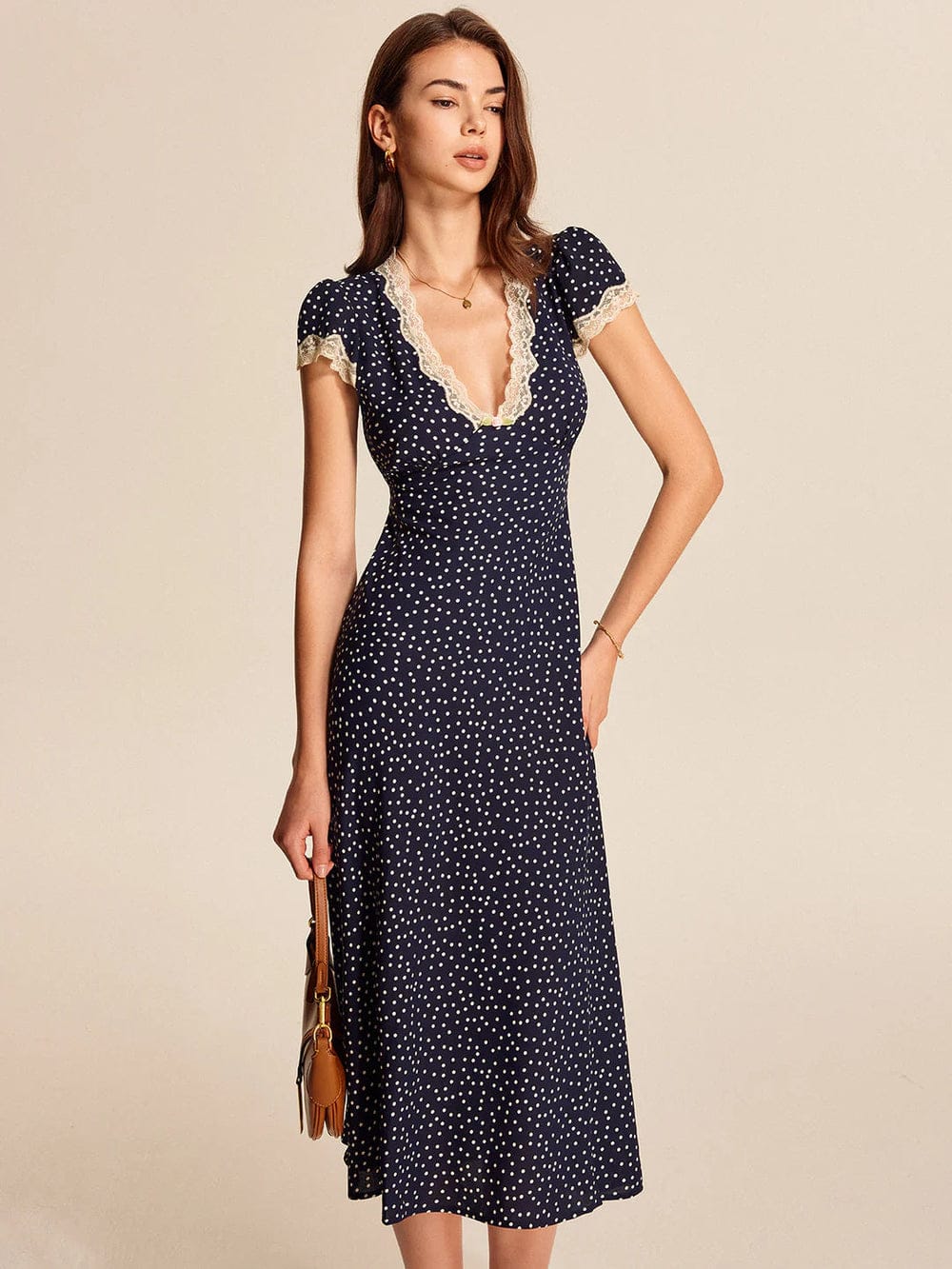 Modinzi Midi dress Polka Dots / 8 (S) Women’s Navy Polka Dot Midi Dress – Vintage Lace Trim Deep V-Neck
