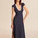 Modinzi Midi dress Polka Dots / 8 (S) Women’s Navy Polka Dot Midi Dress – Vintage Lace Trim Deep V-Neck