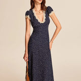 Modinzi Midi dress Polka Dots / 8 (S) Women’s Navy Polka Dot Midi Dress – Vintage Lace Trim Deep V-Neck