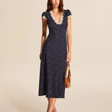 Modinzi Midi dress Women’s Navy Polka Dot Midi Dress – Vintage Lace Trim Deep V-Neck