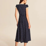 Modinzi Midi dress Women’s Navy Polka Dot Midi Dress – Vintage Lace Trim Deep V-Neck